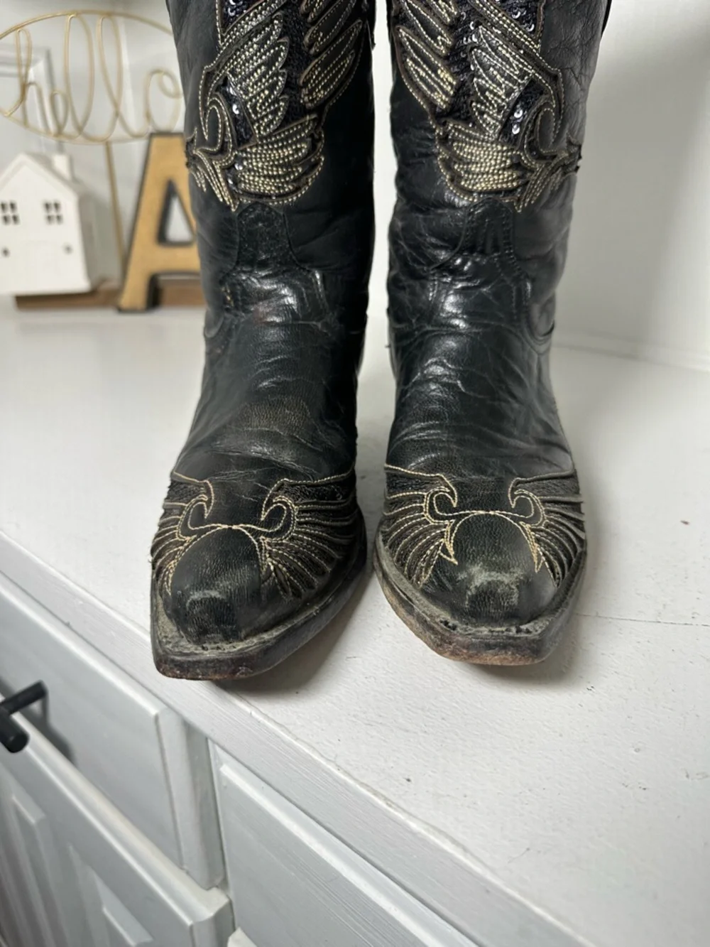 Rudel Womens 6.5E Black Leather Cowboy Boots Wing Stitch Western Embroidered - Picture 4 of 10